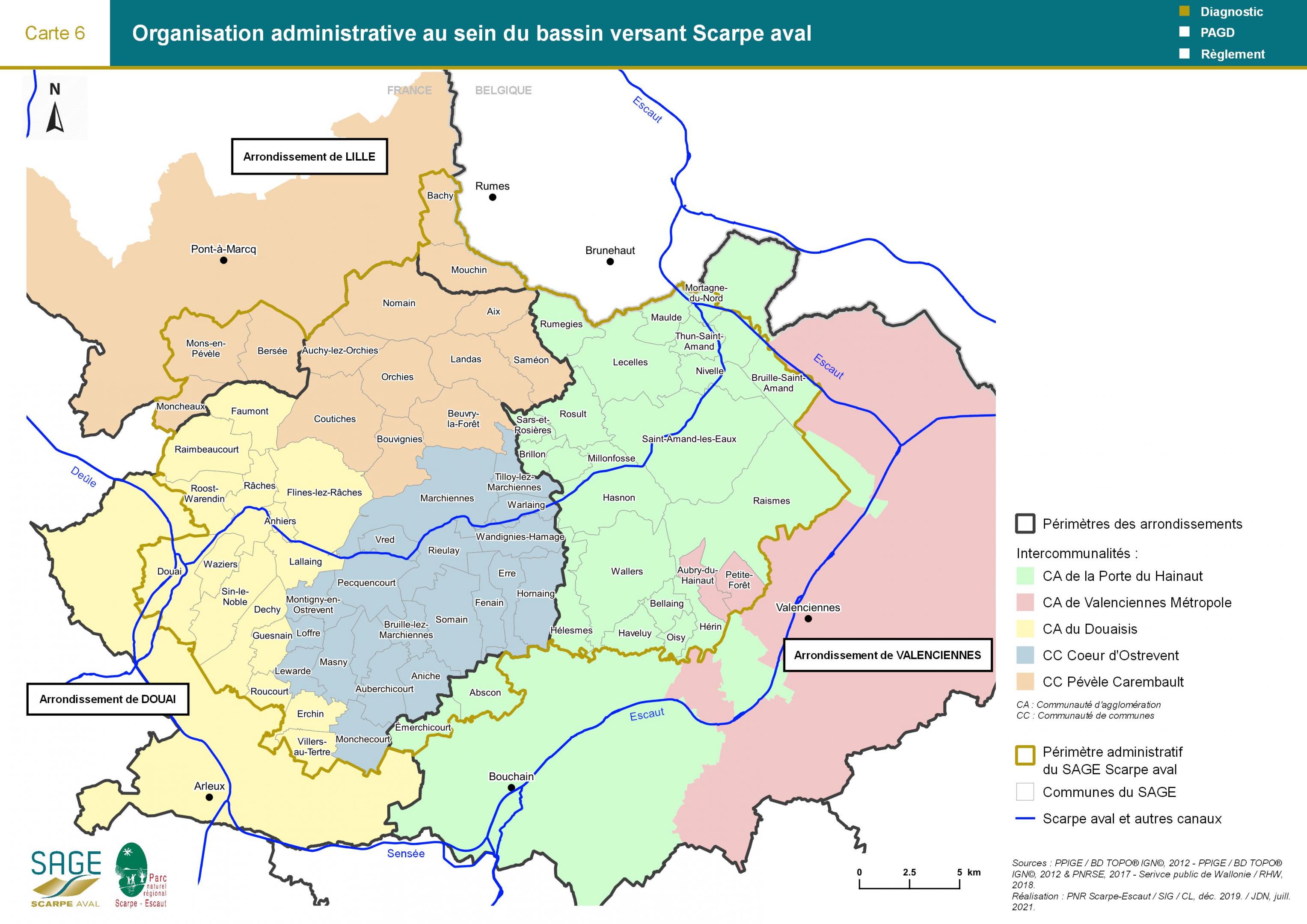 Etat des lieux - Carte 6 : Organisation administrative au sein du bassin versant Scarpe aval