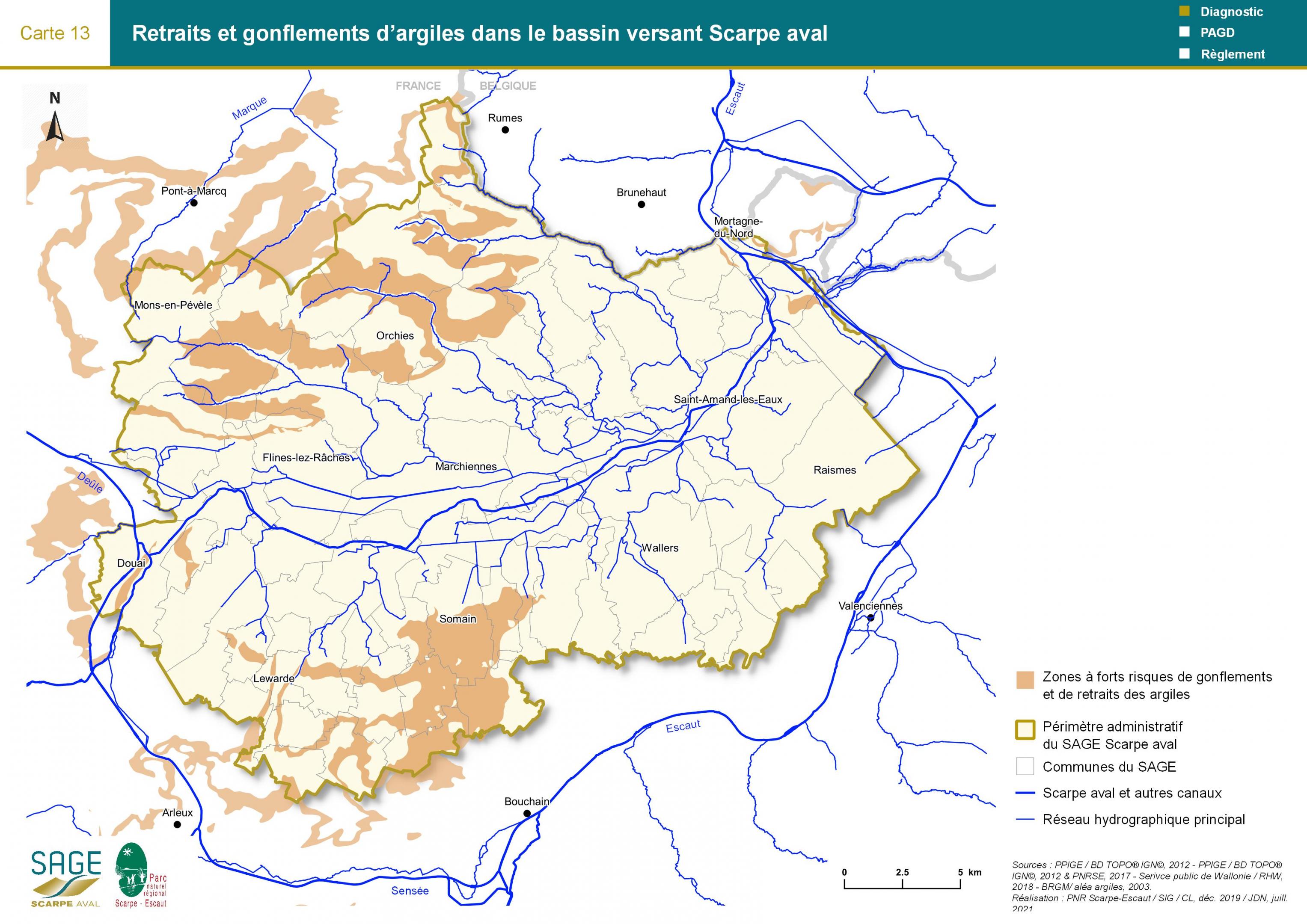 Etat des lieux - Carte 13 : Retraits et gonflements d’argiles dans le bassin versant Scarpe aval