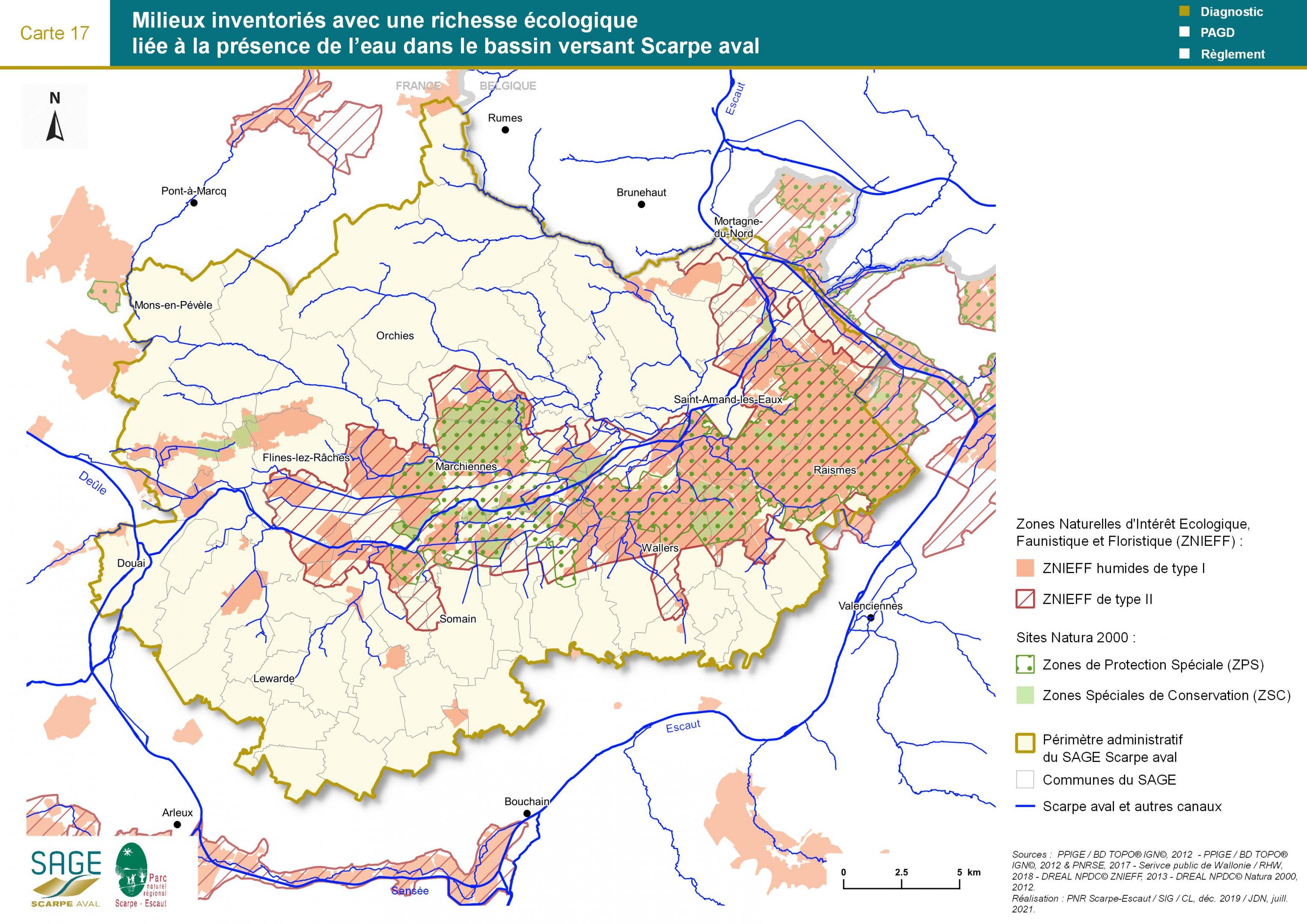 Etat des lieux - Carte 17 : Milieux inventoriés avec une richesse écologique liée à la présence de l’eau dans le bassin versant Scarpe aval