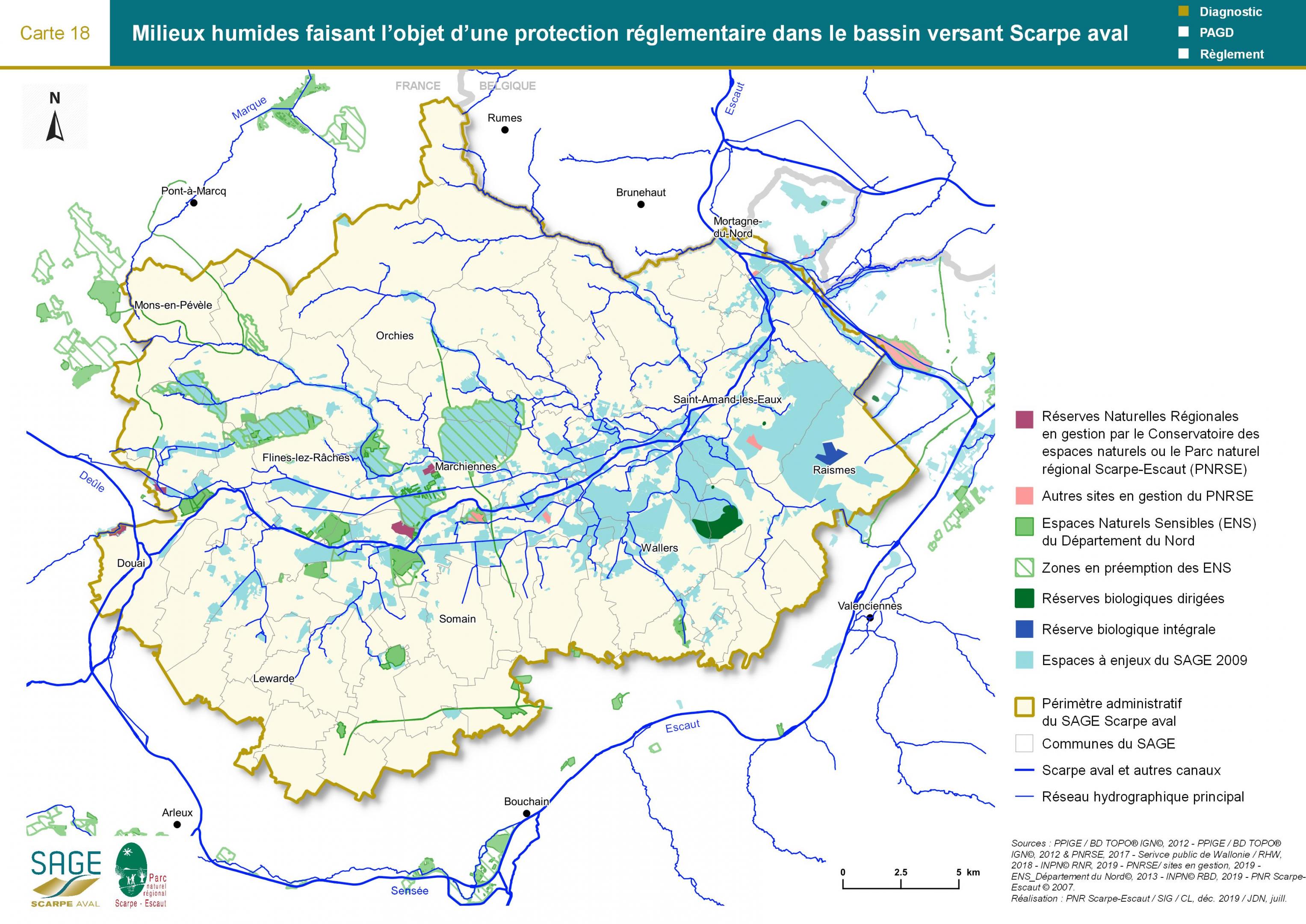 Etat des lieux - Carte 18 : Milieux humides faisant l’objet d’une protection réglementaire dans le bassin versant Scarpe aval