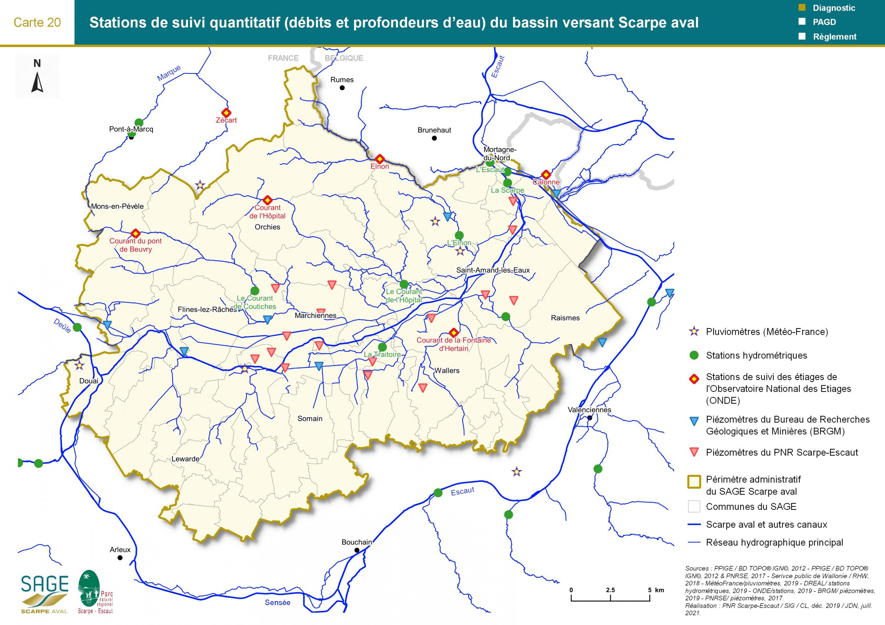 Etat des lieux - Carte 20 : Stations de suivi quantitatif (débits et profondeurs d’eau) du bassin versant Scarpe aval