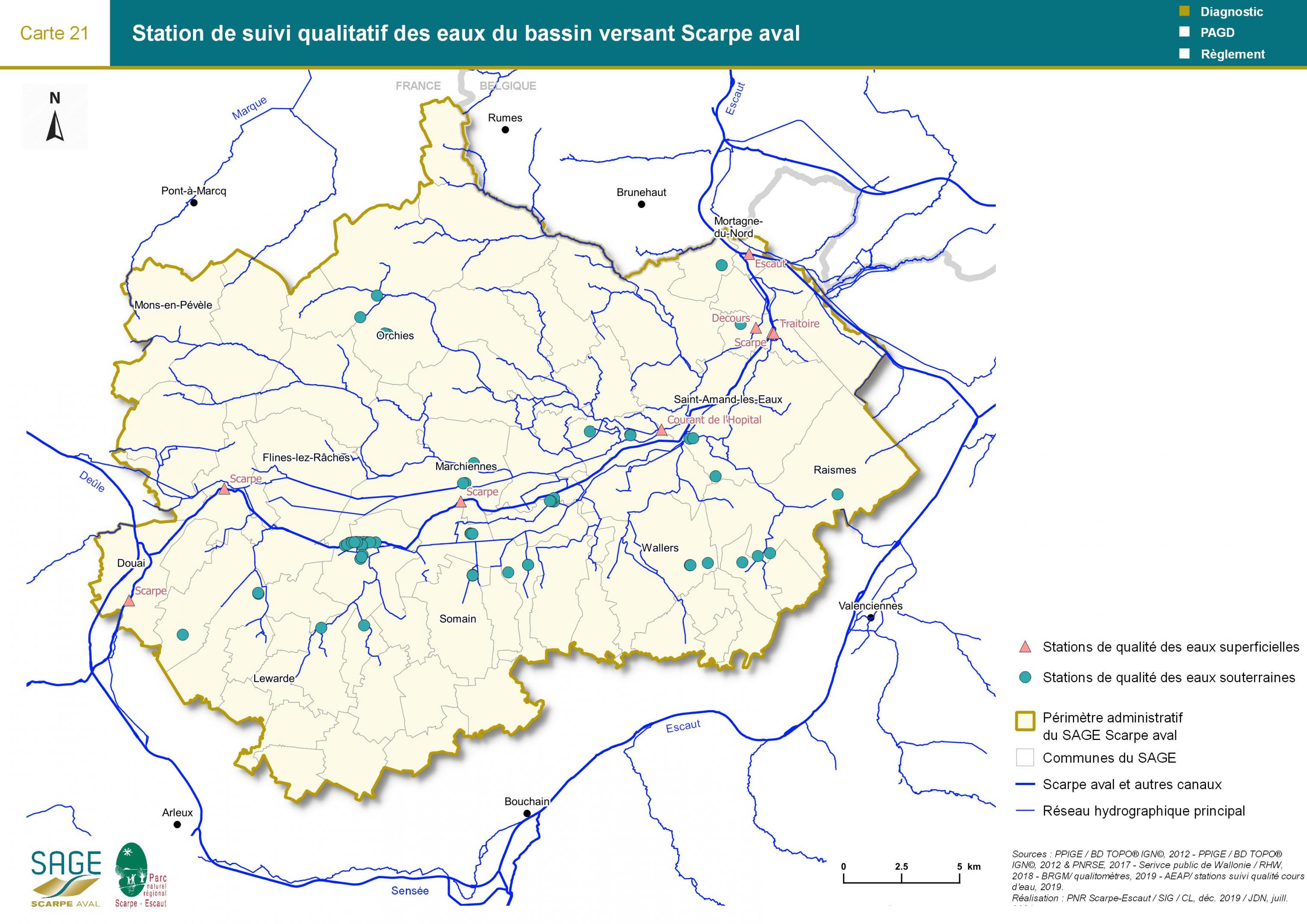 Etat des lieux - Carte 21 : Station de suivi qualitatif des eaux du bassin versant Scarpe aval