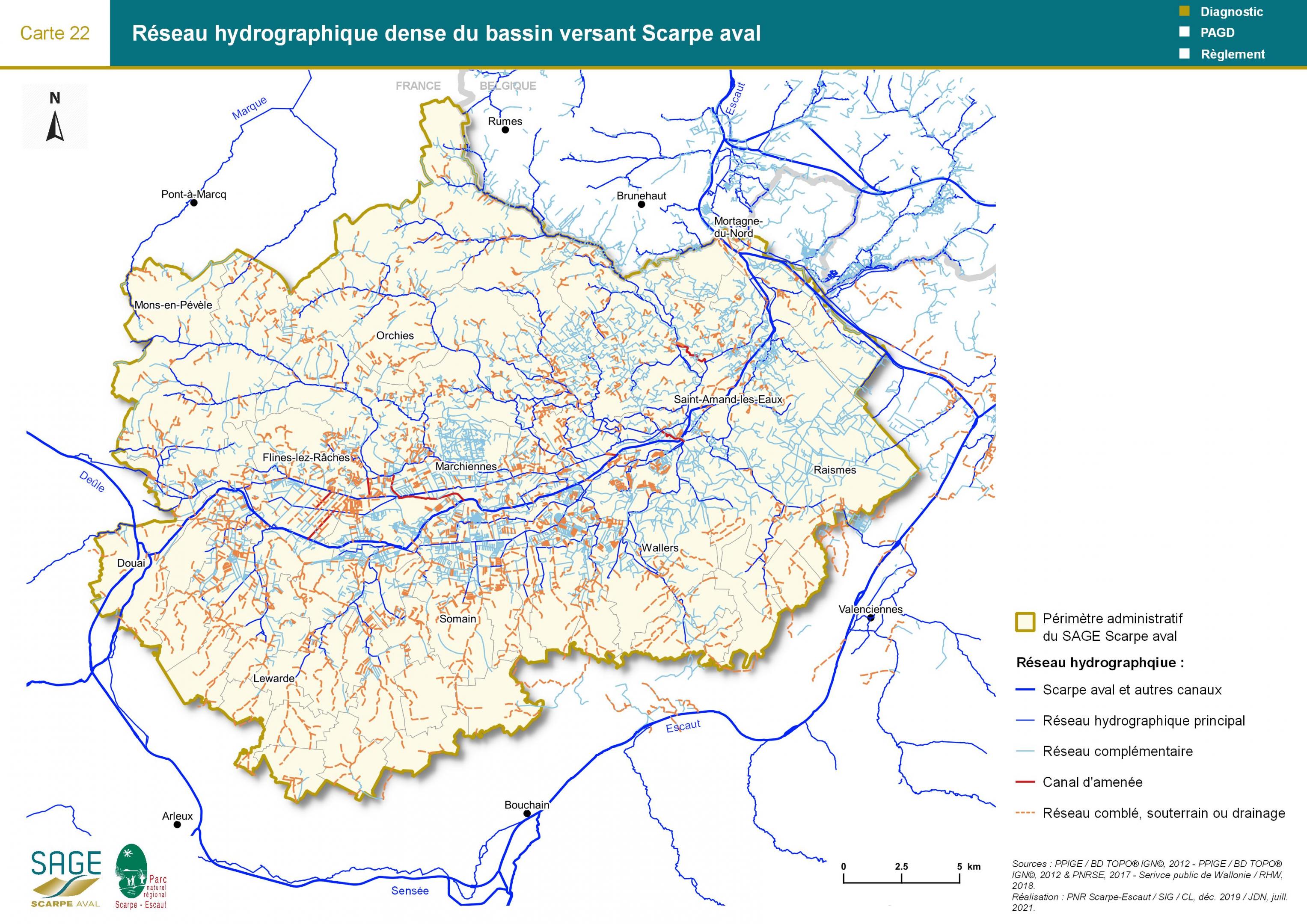 Etat des lieux - Carte 22 : Réseau hydrographique dense du bassin versant Scarpe aval