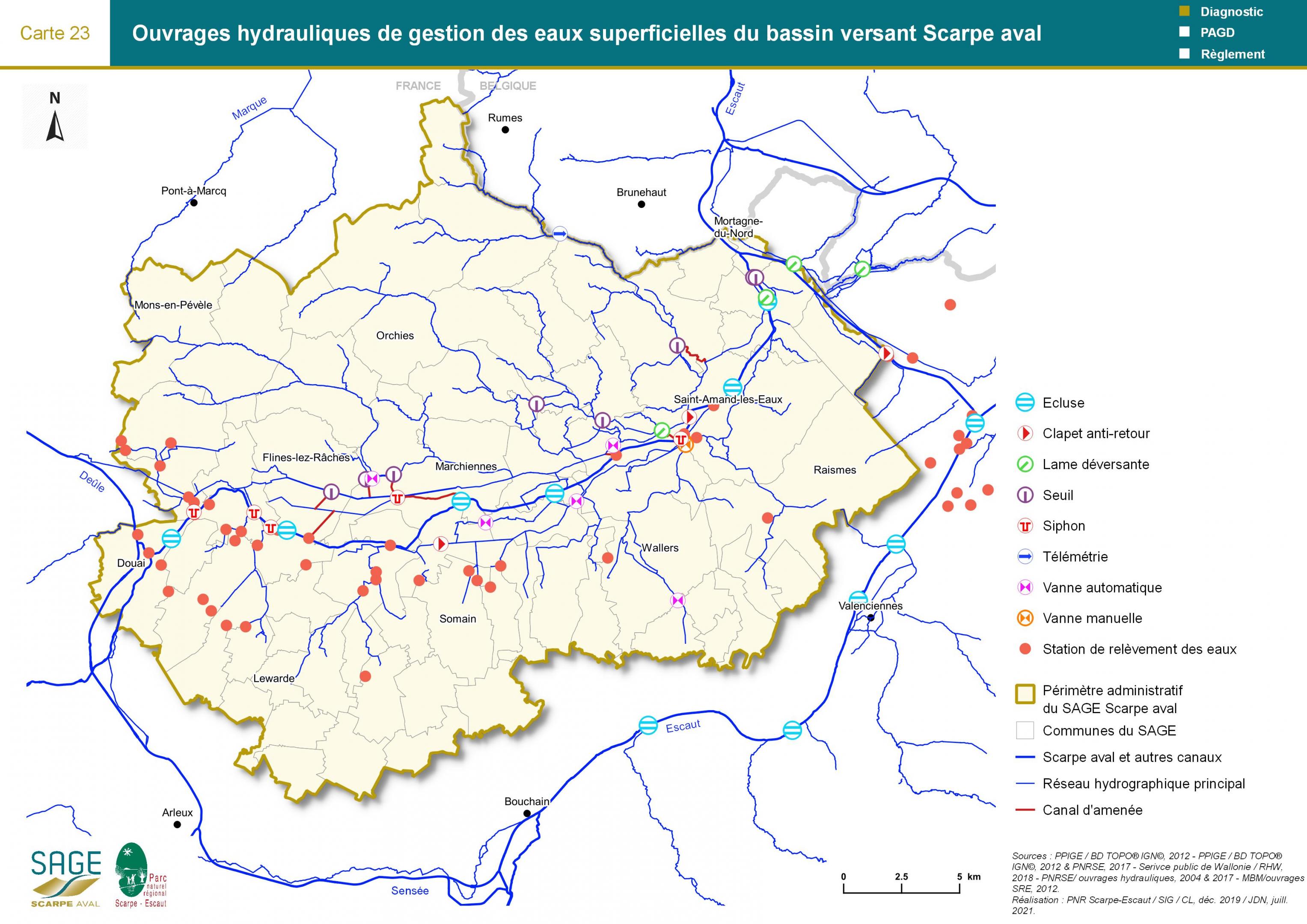 Etat des lieux - Carte 23 : Ouvrages hydrauliques de gestion des eaux superficielles du bassin versant Scarpe aval