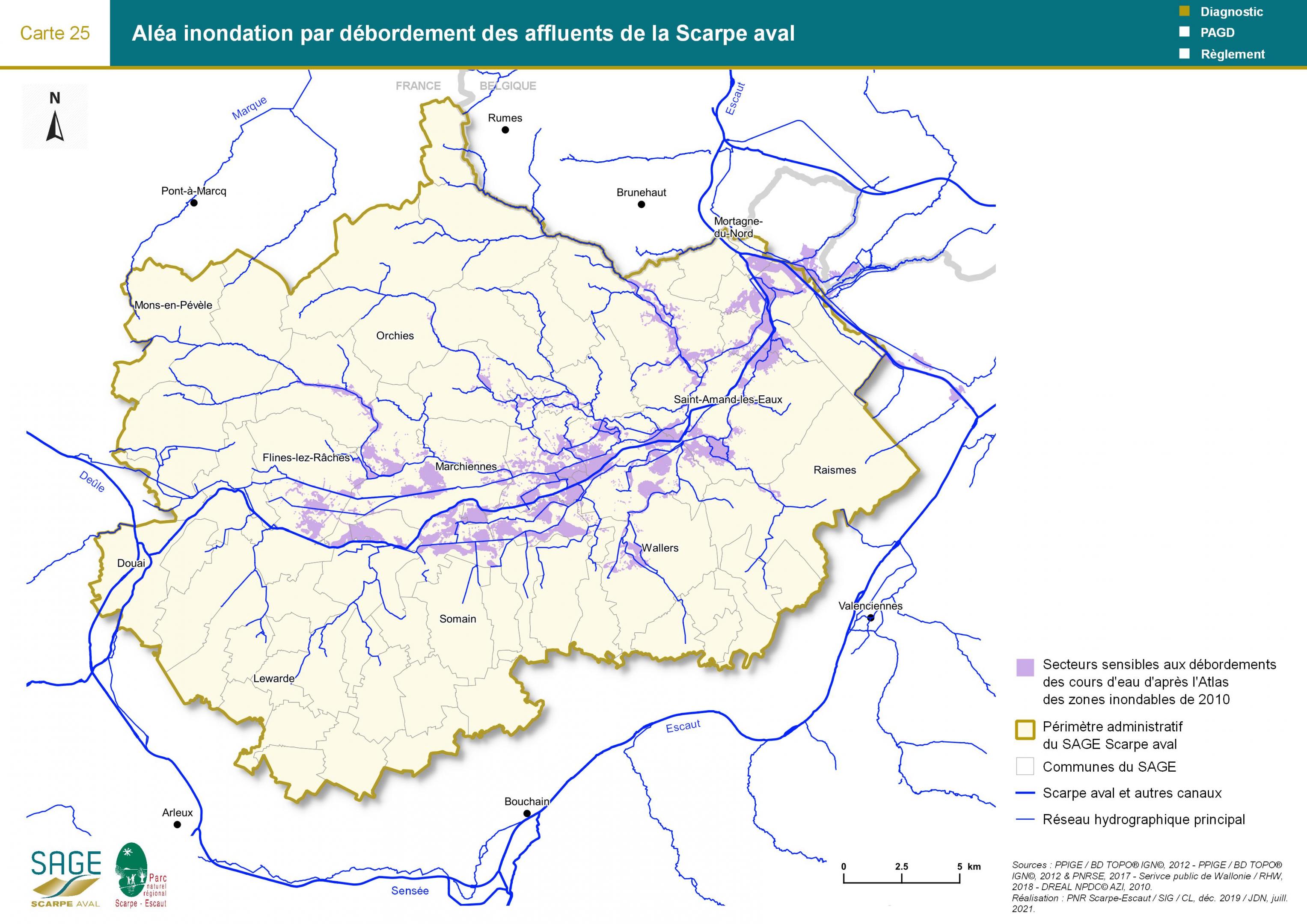 Etat des lieux - Carte 25 : Aléa inondation par débordement des affluents de la Scarpe aval