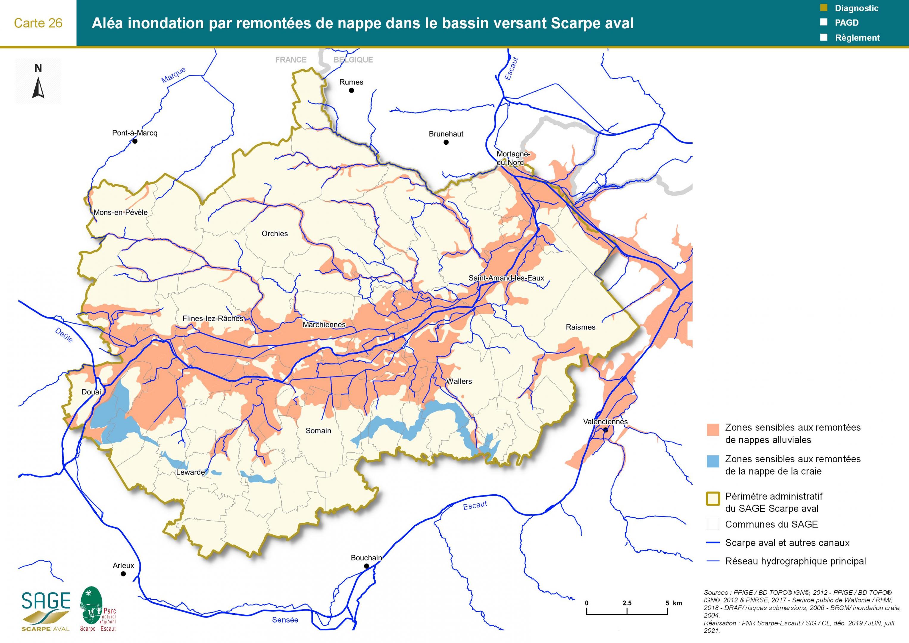 Etat des lieux - Carte 26 : Aléa inondation par remontées de nappe dans le bassin versant Scarpe aval
