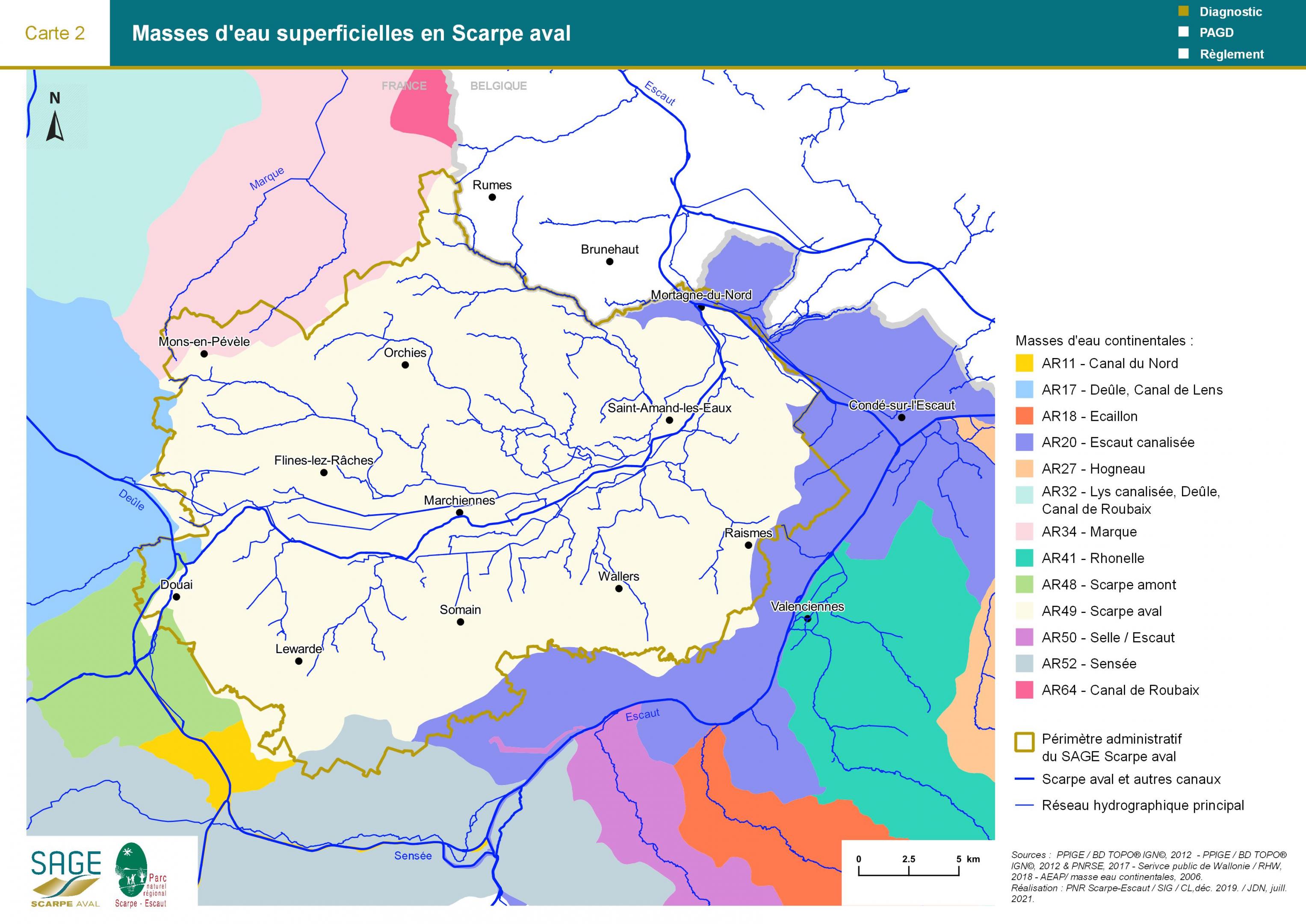 Etat des lieux - Carte 2 : Masses d'eau superficielles en Scarpe aval