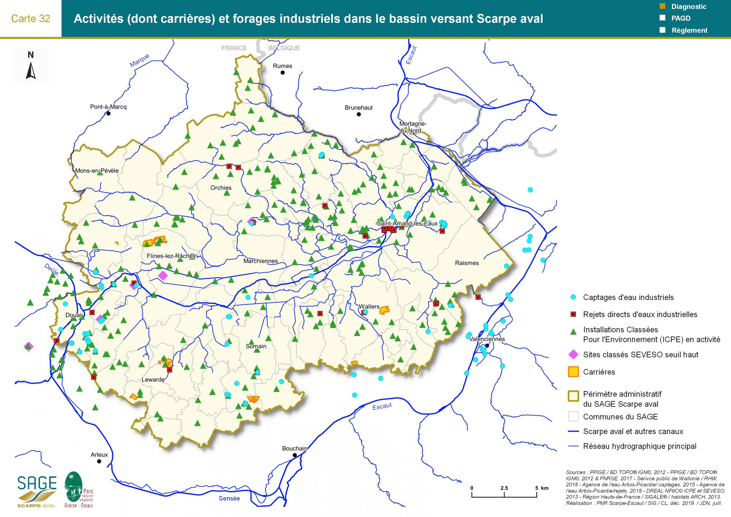 Etat des lieux - Carte 32 : Activités (dont carrières) et forages industriels dans le bassin versant Scarpe aval