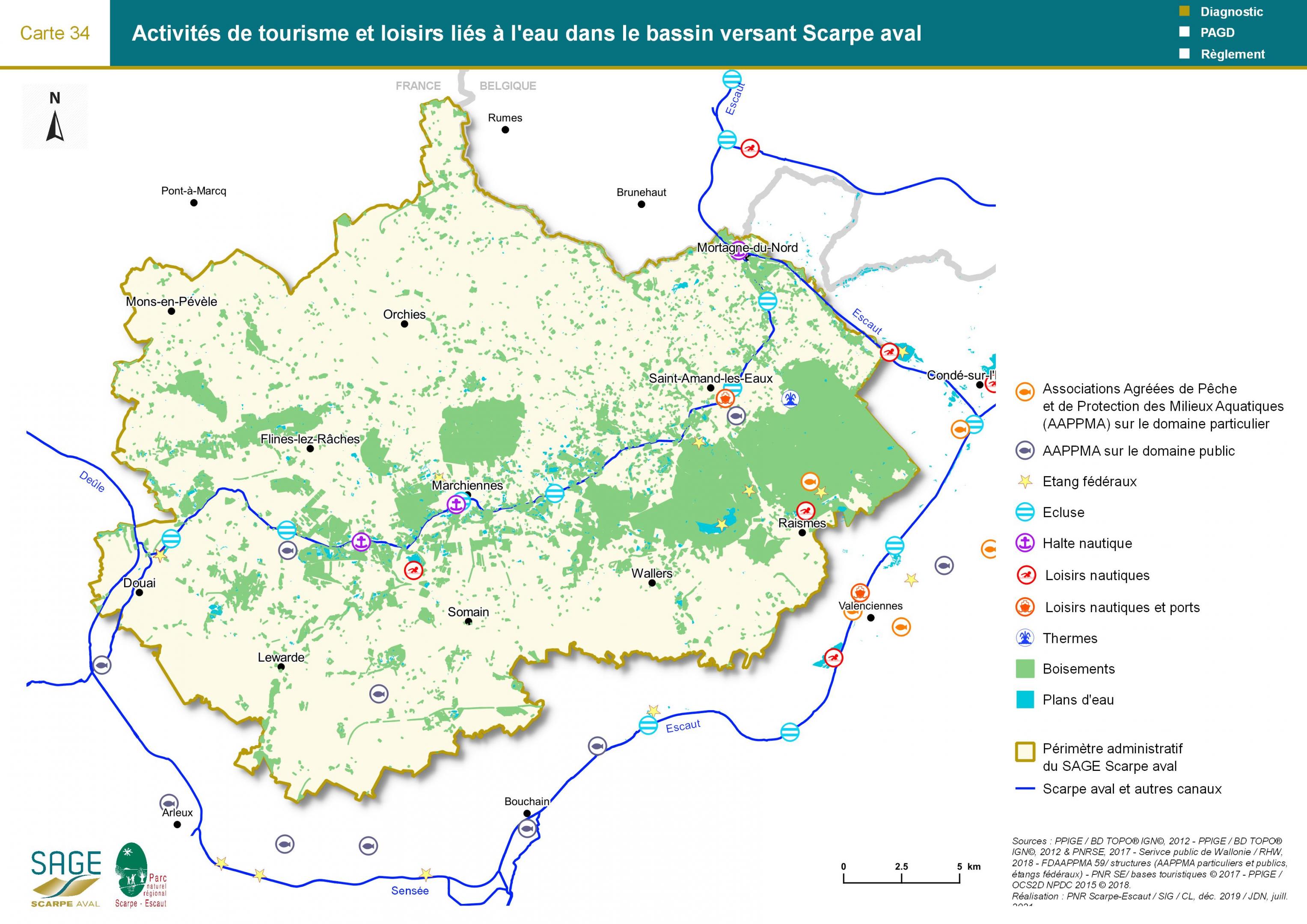 Etat des lieux - Carte 34 : Activités de tourisme et loisirs liés à l’eau dans le bassin versant Scarpe aval
