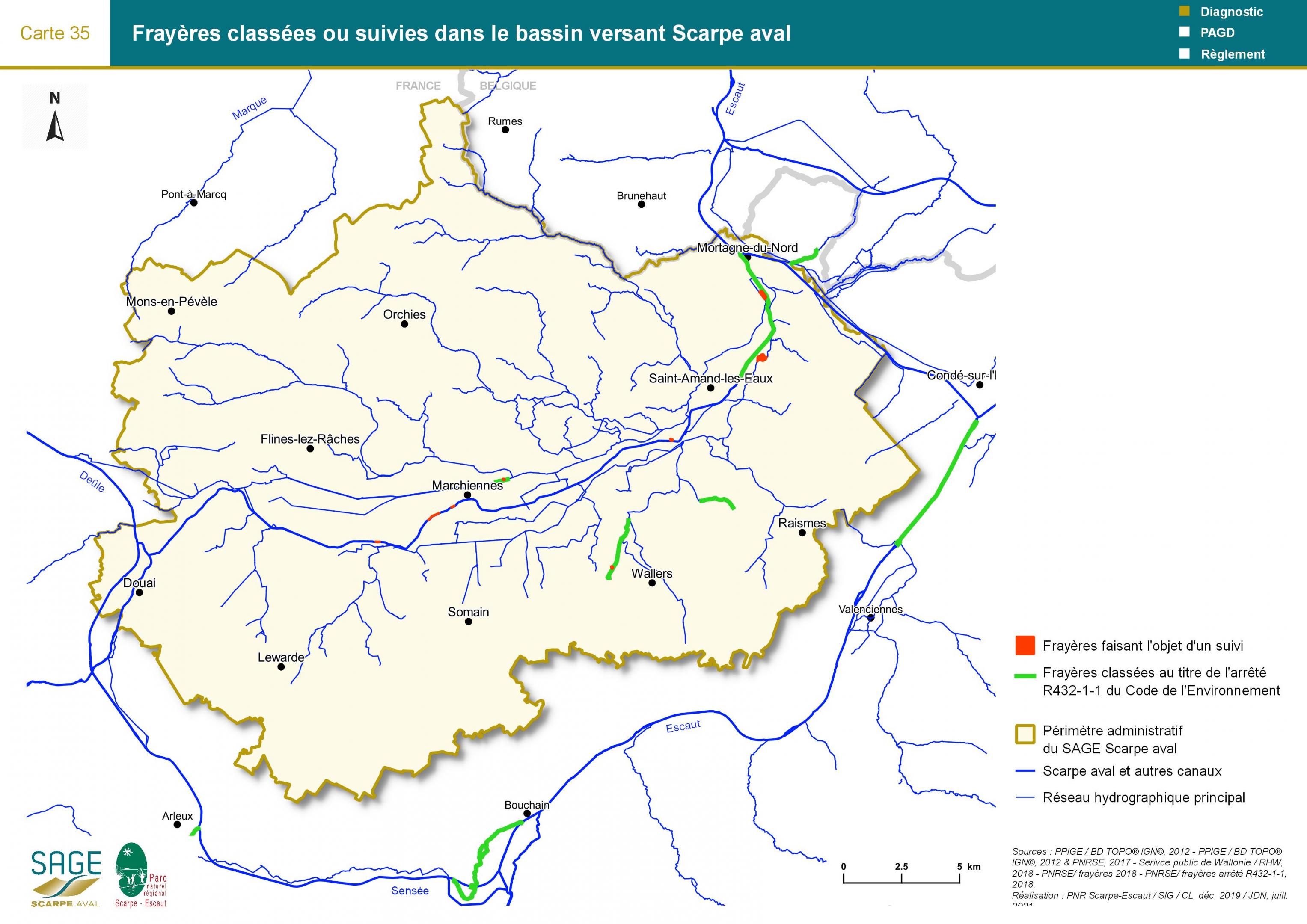 Etat des lieux - Carte 35 : Frayères classées ou suivies dans le bassin versant Scarpe aval
