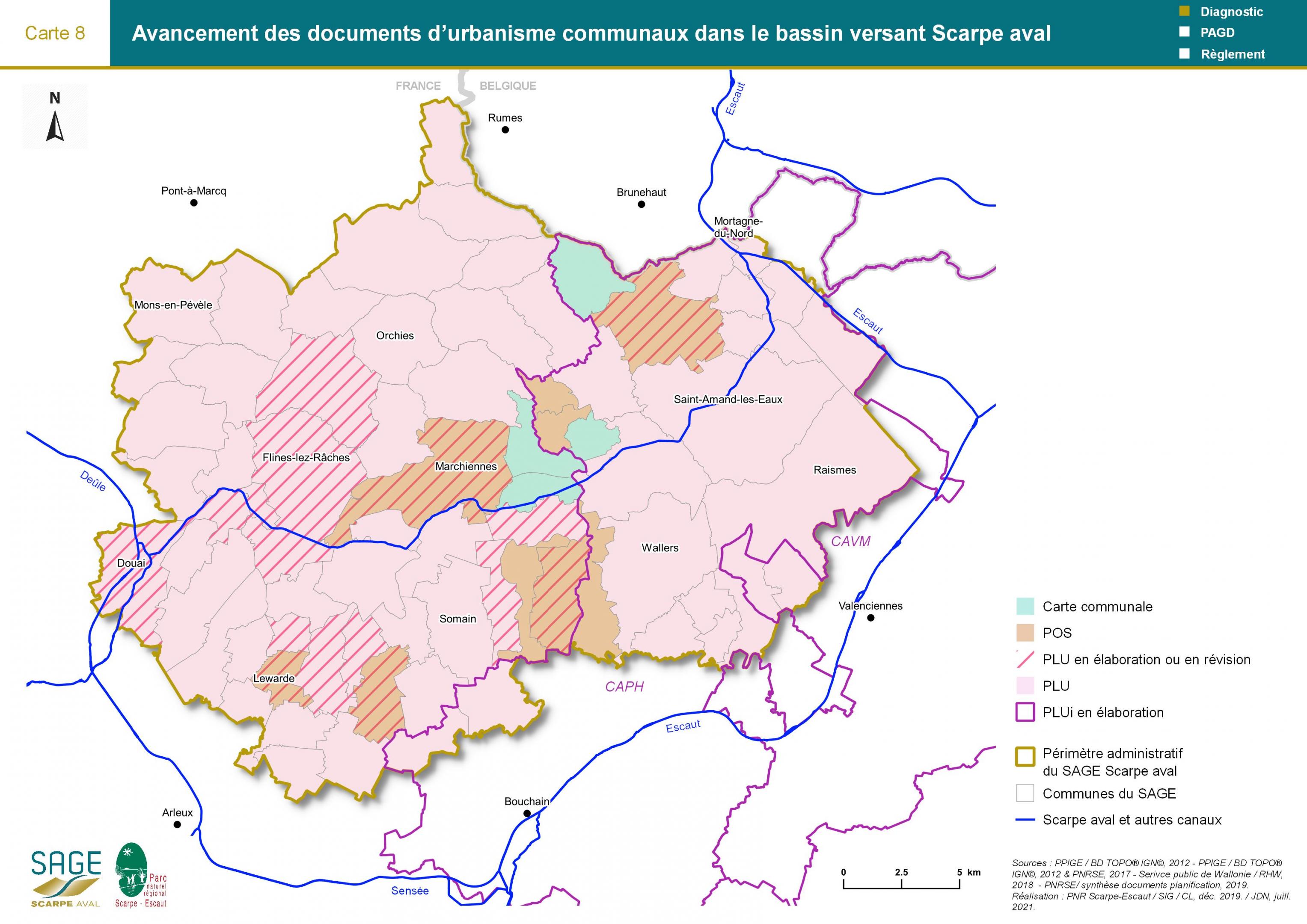 Etat des lieux - Carte 8 : Avancement des documents d’urbanisme communaux dans le bassin Scarpe aval