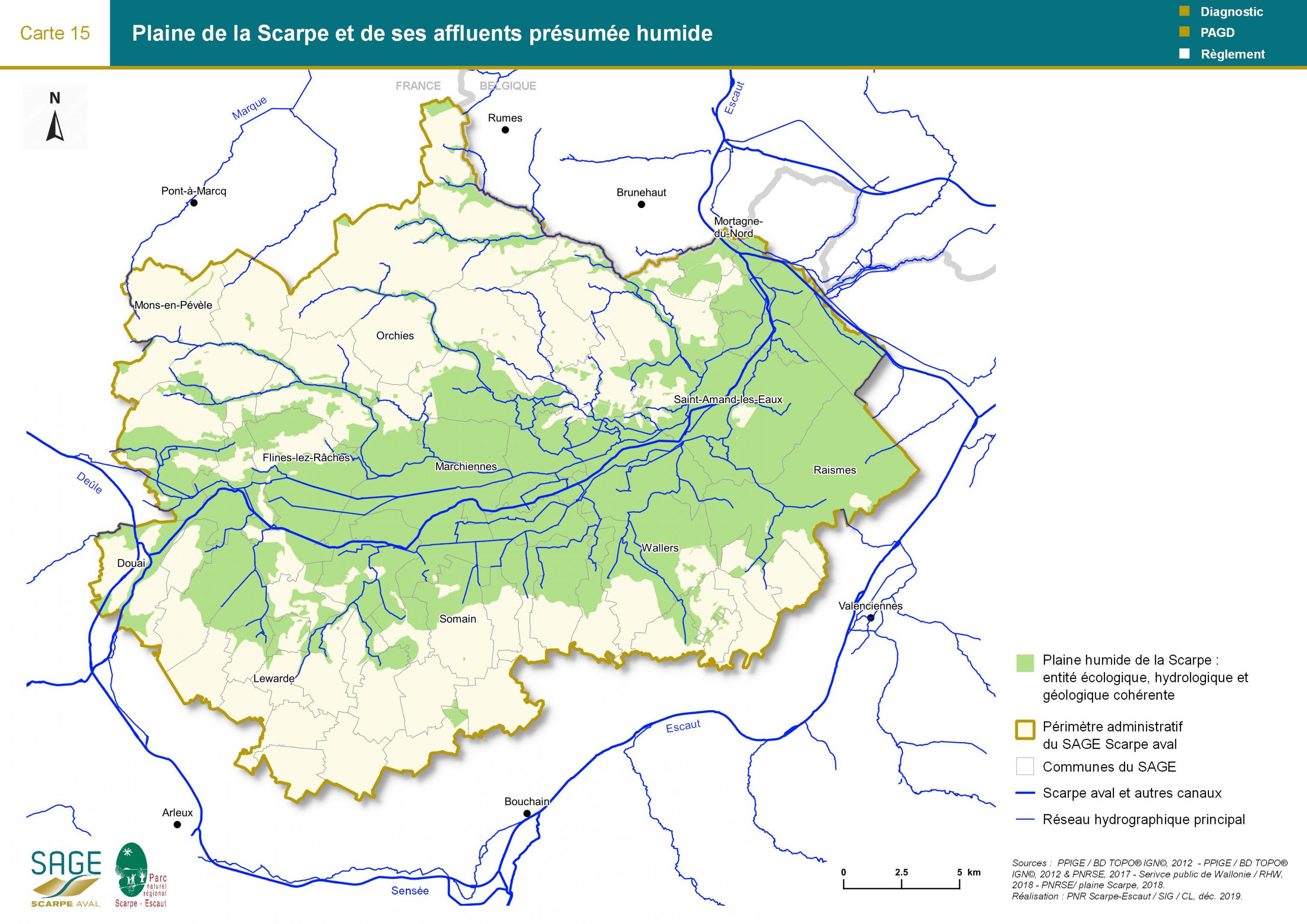 Etat des lieux - Carte 15 : Plaine de la Scarpe aval et de ses affluents présumée humide