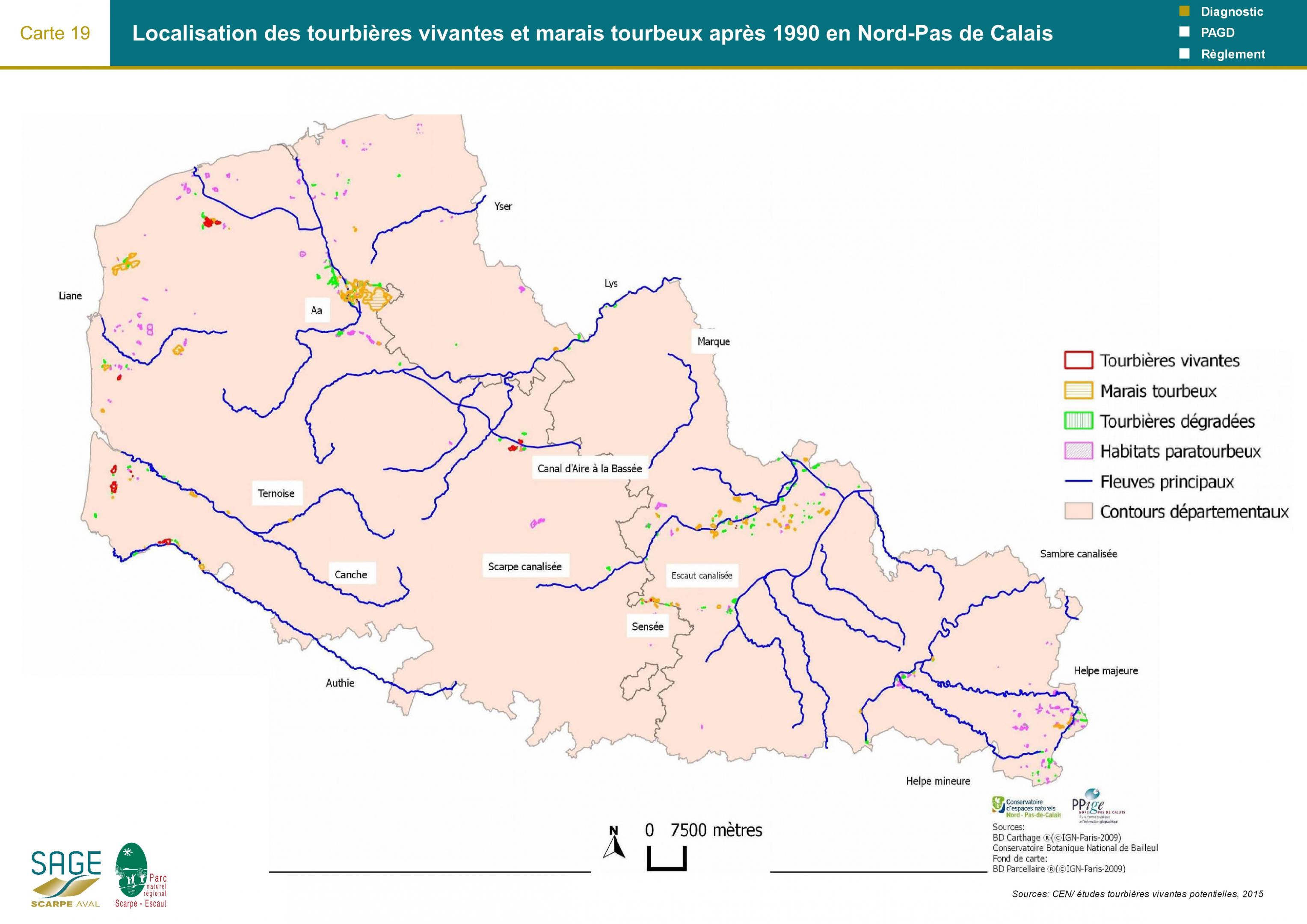 Etat des lieux - Carte 19 : Localisation des tourbières vivantes et marais tourbeux après 1990 en Nord-Pas-de-Calais