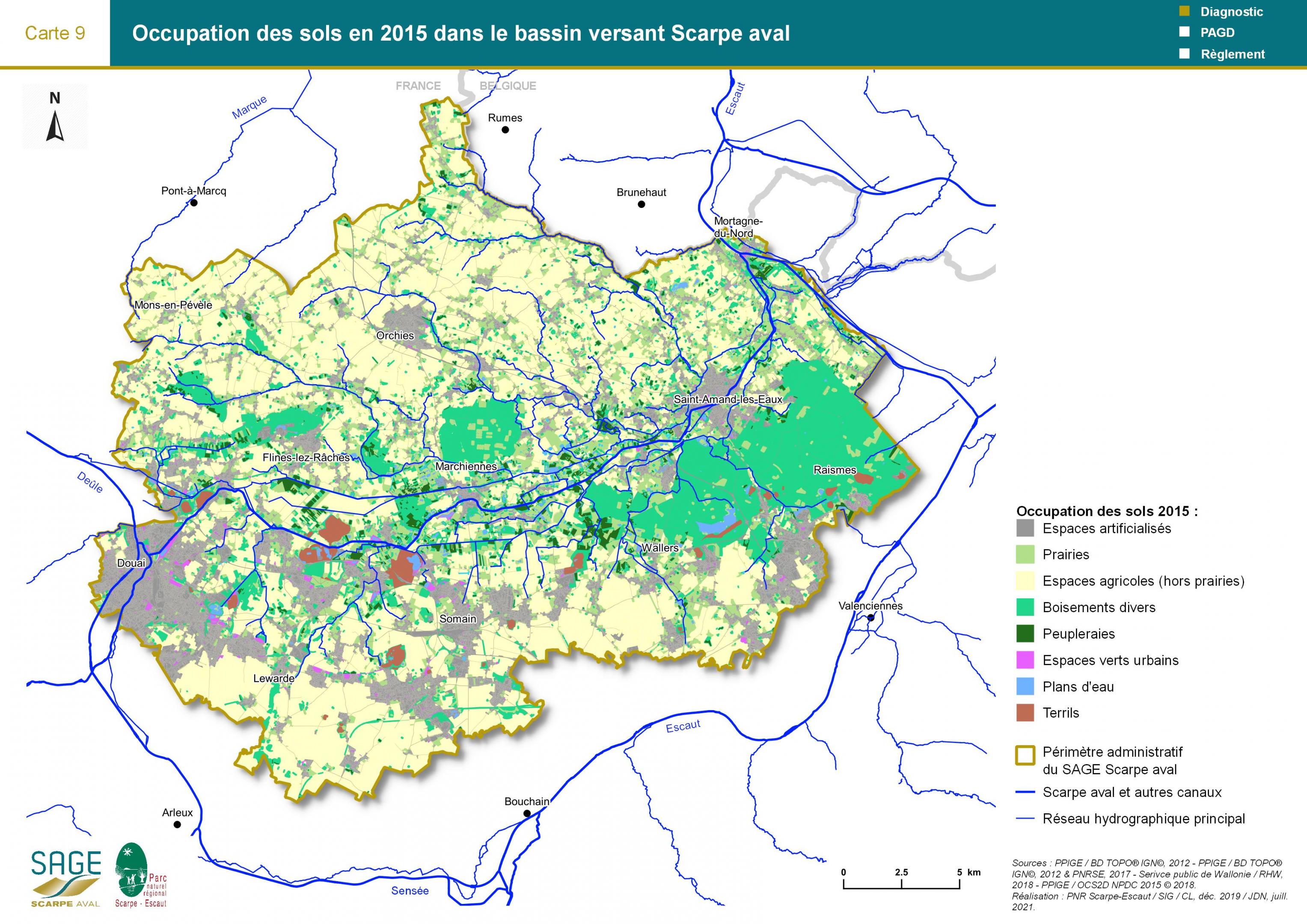Etat des lieux - Carte 9 : Occupation des sols en 2015 dans le bassin versant Scarpe aval