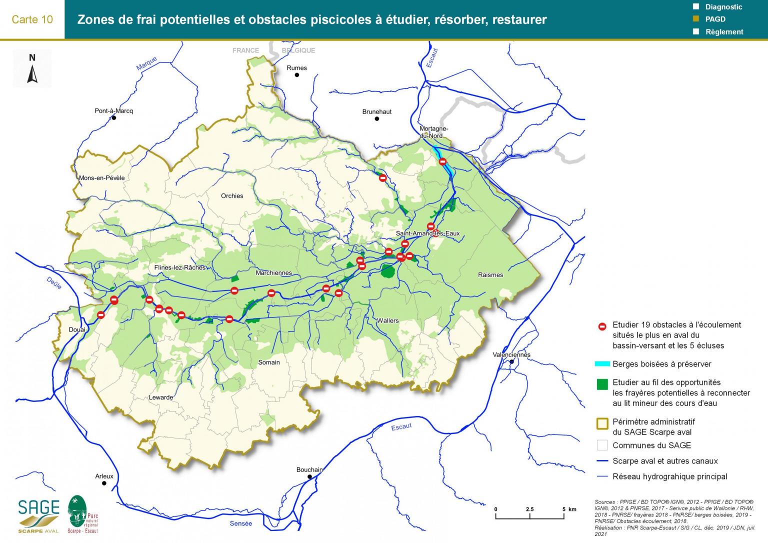 Carte 10 : Zones de frai potentielles et obstacles piscicoles à étudier, résorber, restaurer