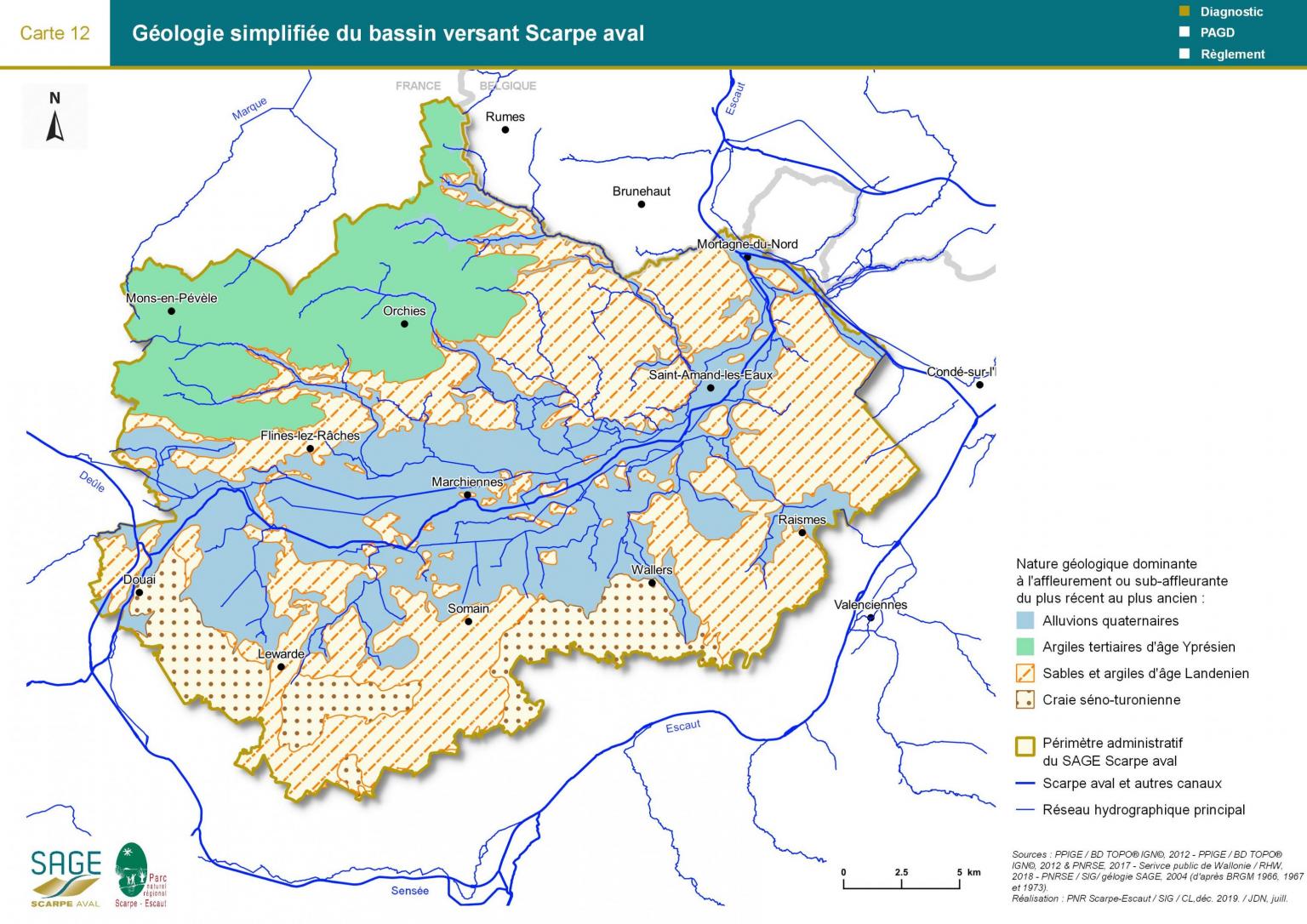 Etat des lieux - Carte 12 : Géologie simplifiée du bassin versant Scarpe aval