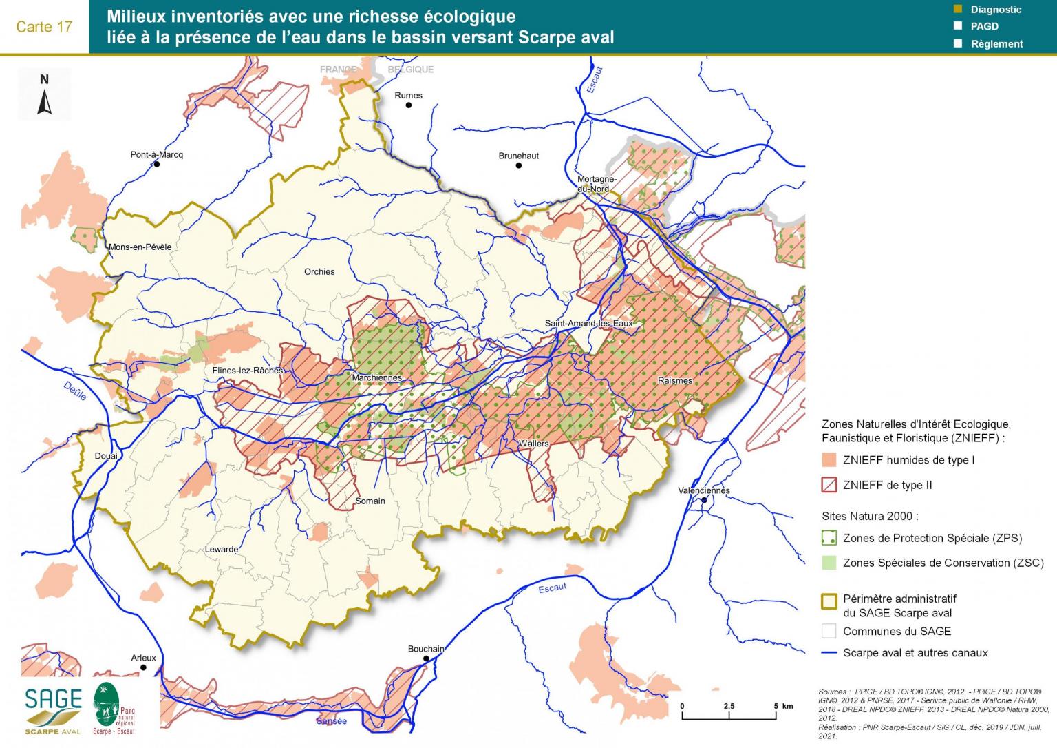 Etat des lieux - Carte 17 : Milieux inventoriés avec une richesse écologique liée à la présence de l’eau dans le bassin versant Scarpe aval