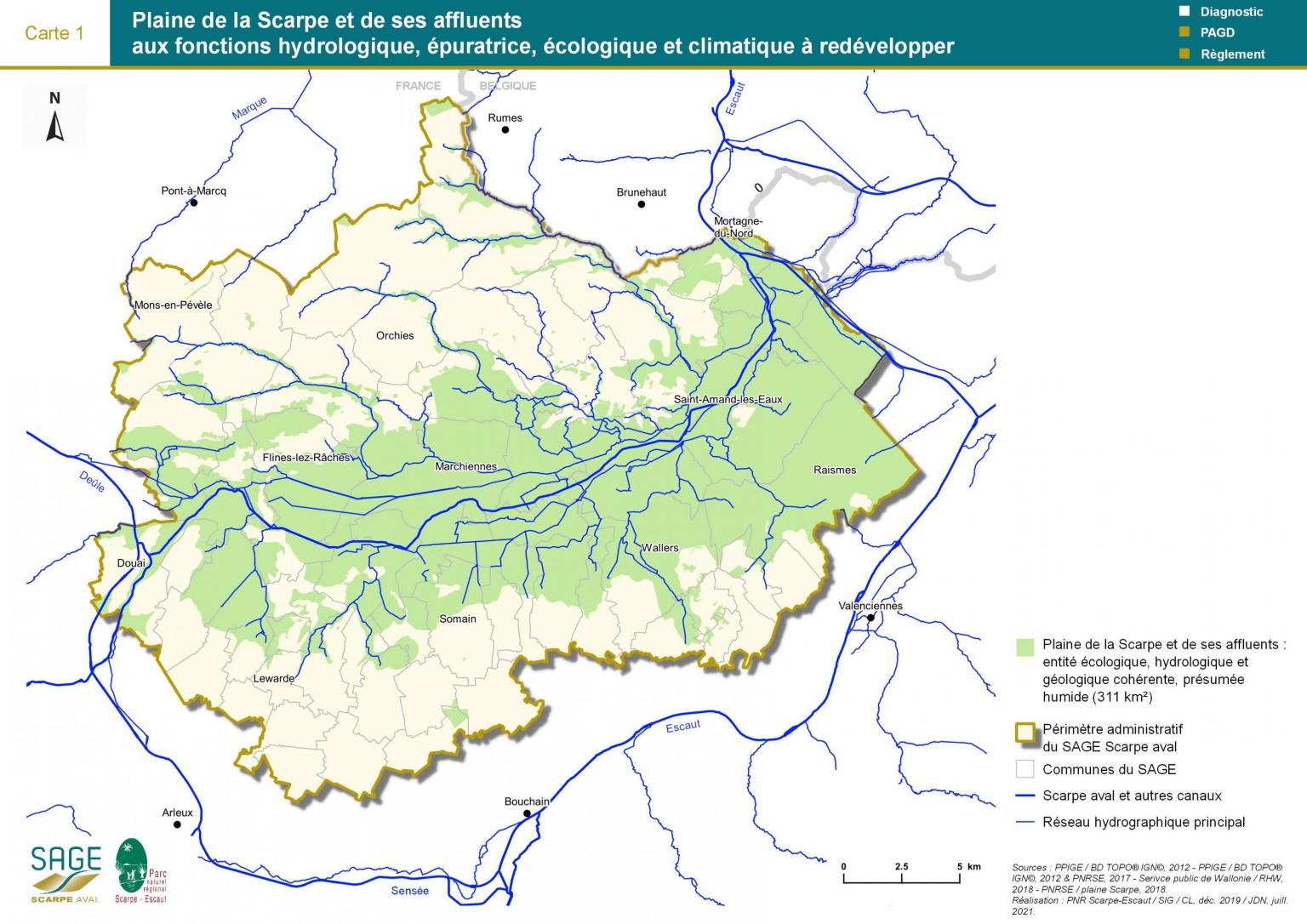 Carte 1 : Plaine de la Scarpe et de ses affluents aux fonctions hydrologique, épuratrice, écologique et climatique à redévelopper