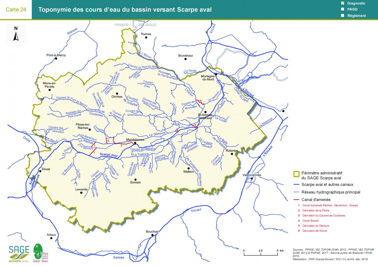 Etat des lieux - Carte 24 : Toponymie des cours d’eau du bassin versant Scarpe aval