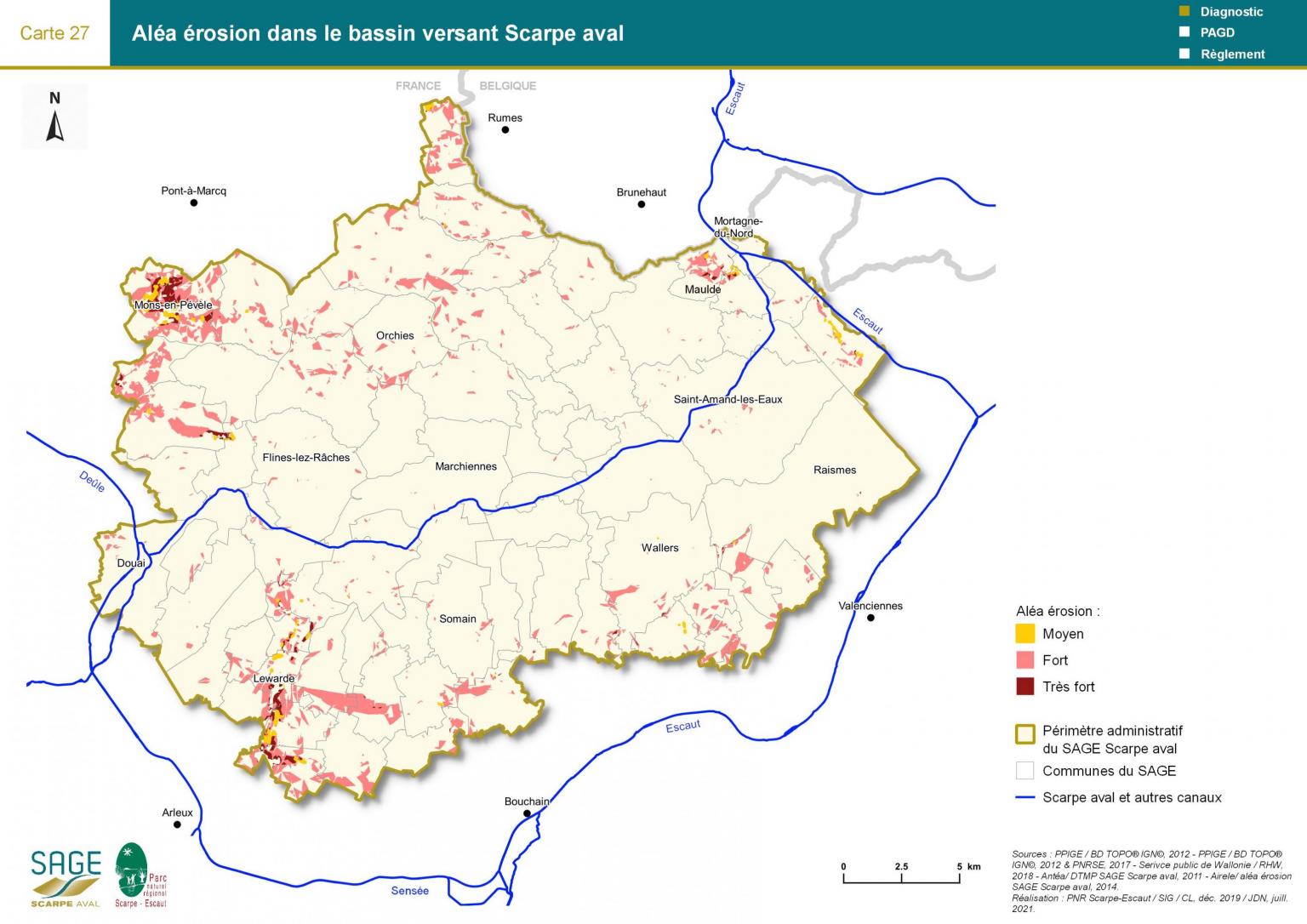 Etat des lieux - Carte 27 : Aléa érosion dans le bassin versant Scarpe aval