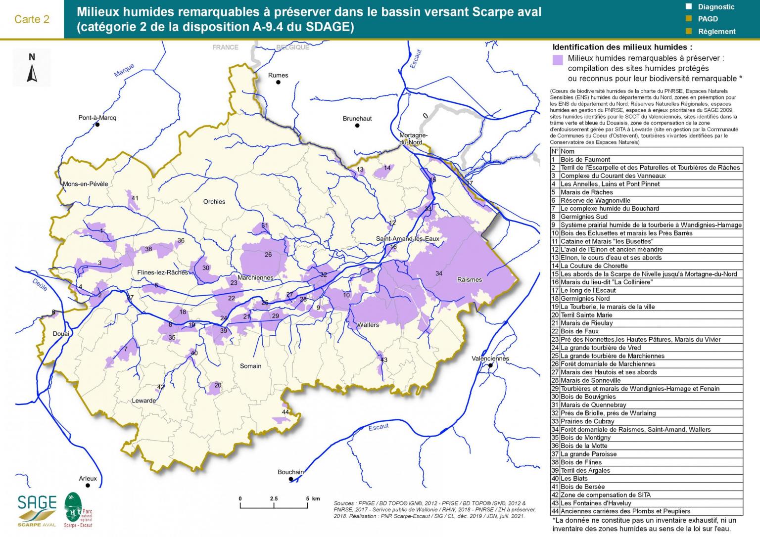 Carte 2 : Milieux humides remarquables à préserver dans le bassin versant Scarpe aval (catégorie 2 de la disposition A-9.4 du SDAGE)