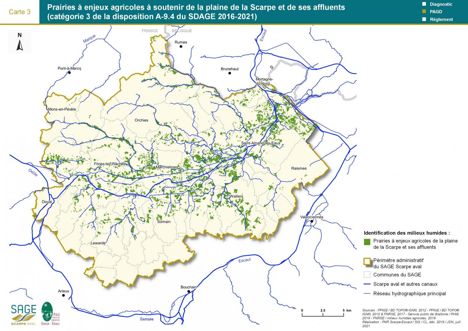 Carte 3 : Prairies à enjeux agricoles à soutenir dans la plaine de la Scarpe aval et de ses affluents (catégorie 3 de la disposition A-9.4 du SDAGE)