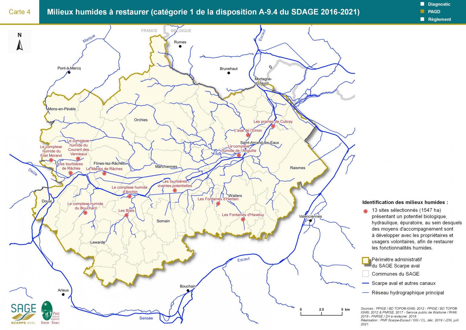 Mesures - Carte 4 : Milieux humides à restaurer (catégorie 1 de la disposition A-9.4 du SDAGE)