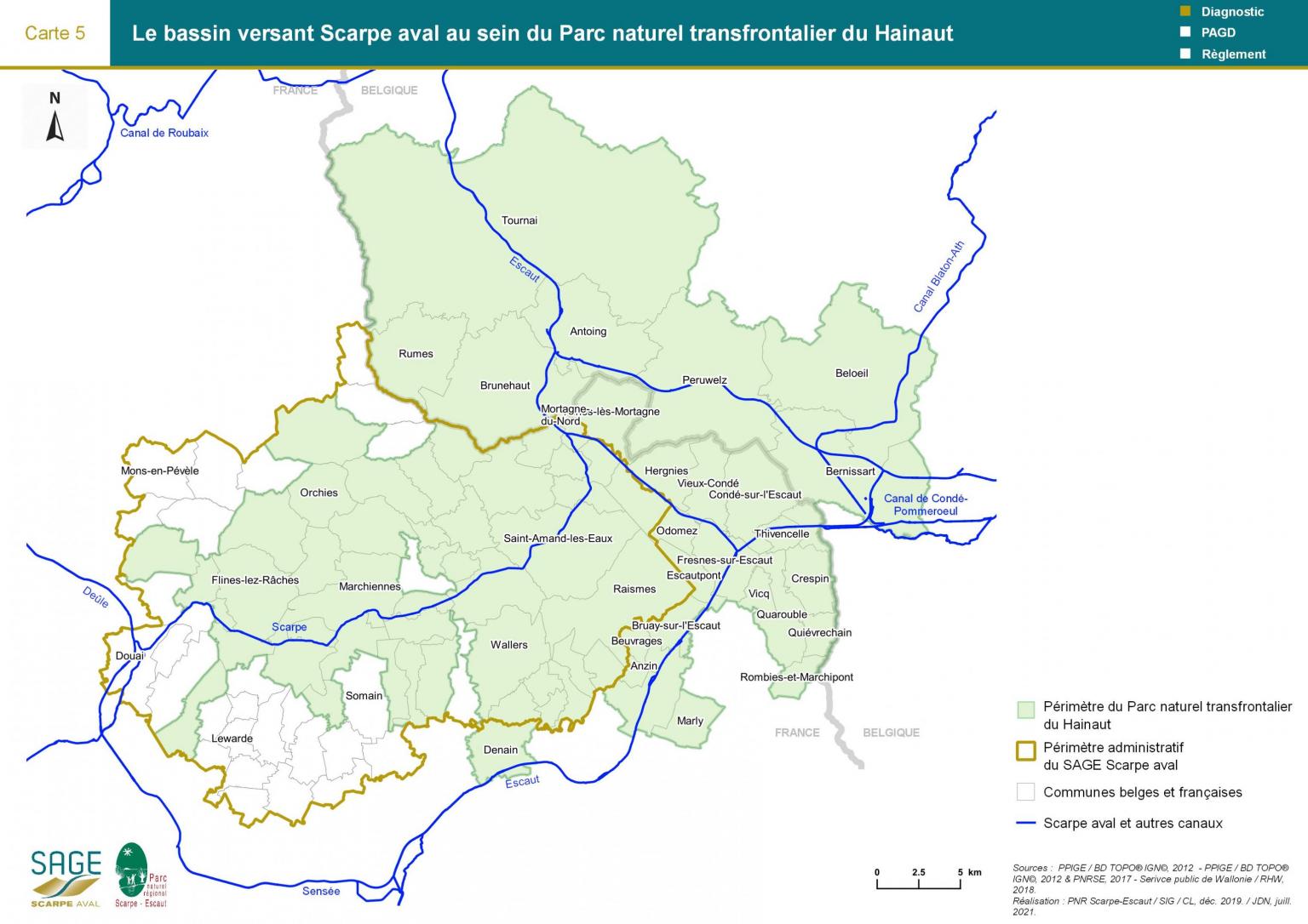 Etat des lieux - Carte 5 : Le bassin versant Scarpe aval au sein du Parc naturel transfrontalier du Hainaut