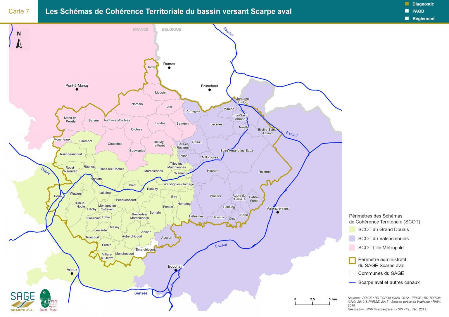 Etat des lieux - Carte 7 : Les Schémas de Cohérence Territoriale du bassin versant Scarpe aval