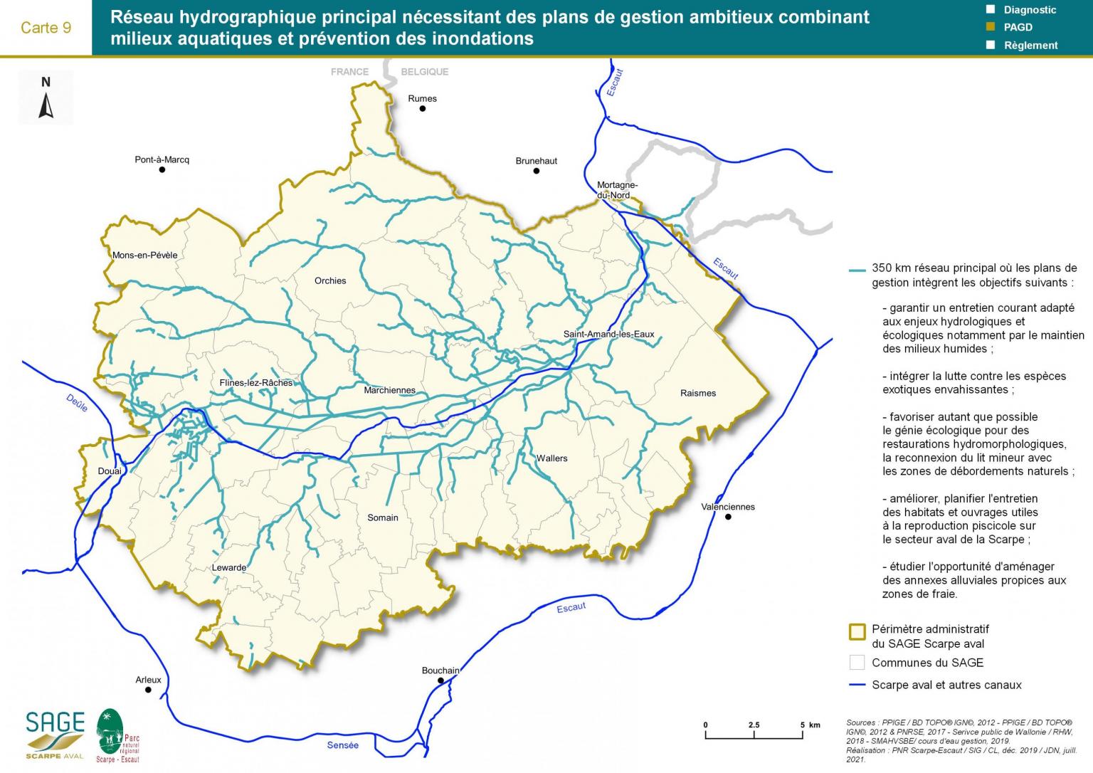Mesures - Carte 9 : Réseau hydrographique principal nécessitant des plans de gestion ambitieux combinant milieux aquatiques et prévention des inondations