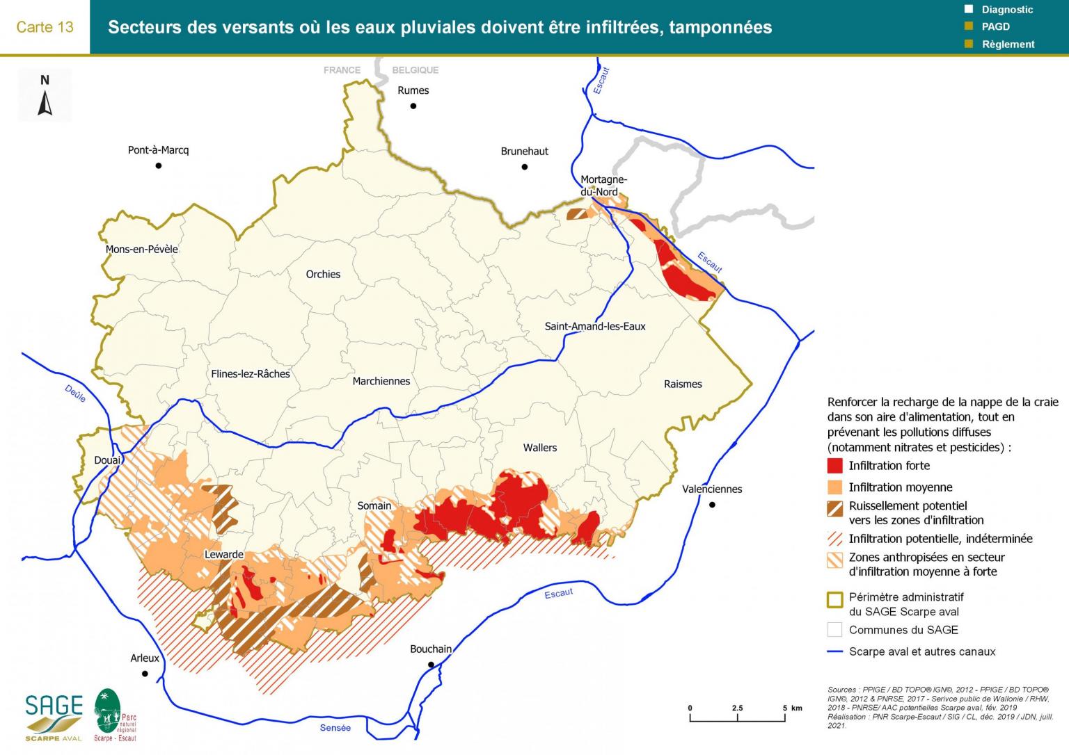 Mesures - Carte 13 : Secteurs des versants où les eaux pluviales doivent être infiltrées, tamponnées
