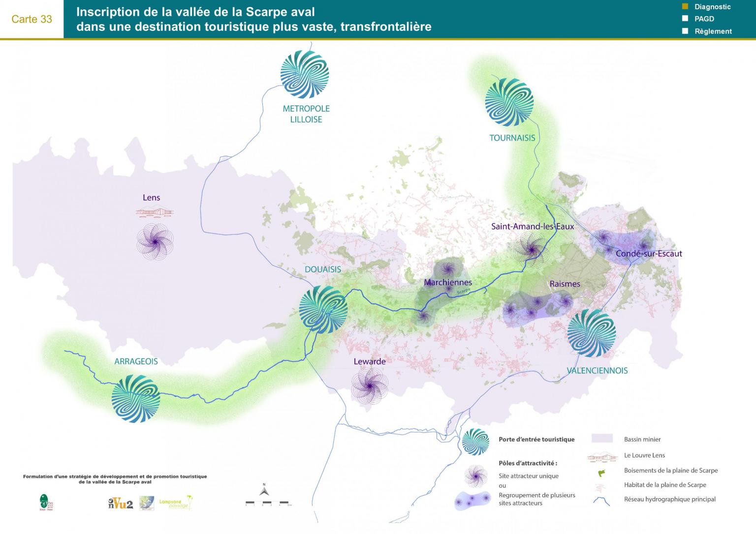 Etat des lieux - Carte 33 : Inscription de la vallée de la Scarpe aval dans une destination touristique plus vaste, transfrontalière