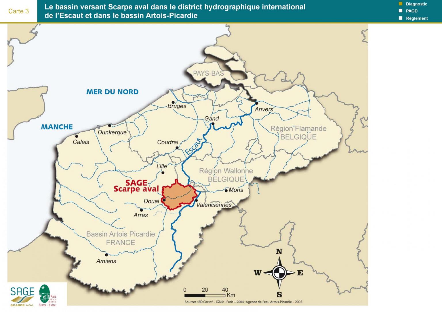 Etat des lieux - Carte 3 : Le bassin versant Scarpe aval dans le district hydrographique international 